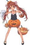  :d bow brown_eyes brown_hair candy enemy_aircraft_(kantai_collection) food full_body ghost hair_bow hair_ribbon halloween hat headgear jack-o'-lantern jiji kantai_collection libeccio_(kantai_collection) looking_at_viewer mary_janes no_socks official_art open_mouth pose pumpkin pumpkin_pants ribbon shinkaisei-kan shoes smile smoke striped striped_ribbon tan transparent_background turret twintails 