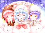  angora_rabbit animal_hood blue_background blue_eyes blue_hair bunny bunny_hood chibi clenched_hands floral_background gochuumon_wa_usagi_desu_ka? hair_ornament hairclip highres hood jouga_maya kafuu_chino kashiwamochi_roko long_sleeves looking_at_viewer multiple_girls natsu_megumi open_mouth pink_eyes pink_hair sparkling_eyes star x_hair_ornament yellow_eyes 