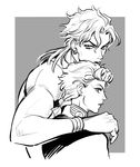  arm_around_neck braid dio_brando earrings father_and_son giorno_giovanna greyscale hand_on_another's_shoulder jewelry jojo_no_kimyou_na_bouken magatsumagic male_focus monochrome multiple_boys upper_body wrist_cuffs 