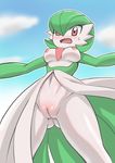  1girl anthro anthrofied antiair artist_request blush breasts clothing female gardevoir green_hair hair inverted_nipples looking_at_viewer low-angle_shot monster_girl navel nintendo nipples no_humans open_mouth pok&eacute;mon pokemon pussy red_eyes short_hair skirt sky solo sweat uncensored upskirt video_games wide_hips worm&#039;s-eye_view 