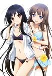  accel_world bikini black_bikini black_hair blue_bikini blue_eyes brown_eyes brown_hair flat_chest flower highres jacket kurasaki_fuuko kuroyukihime long_hair multiple_girls navel official_art open_clothes open_jacket open_mouth side-tie_bikini smile swimsuit thighhighs white_legwear 