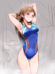  blush breasts brown_eyes brown_hair competition_swimsuit highres idolmaster idolmaster_cinderella_girls idolmaster_cinderella_girls_starlight_stage large_breasts long_hair matatabi_(2ccp) nitta_minami one-piece_swimsuit sketch smile solo swimsuit 