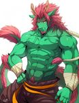  2015 abs anthro biceps big_muscles clothed clothing dragon eastern_dragon green_scales green_skin hair half-dressed hand_on_hip horn male muscular muscular_male ninggeez one_eye_closed orange_eyes pants pecs pubes rabbity red_hair scales scalie shorts solo standing toned topless 