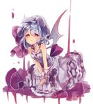  bat_wings blue_hair blush dress hat kedama_milk looking_at_viewer pointy_ears red_eyes remilia_scarlet short_hair simple_background sleeveless solo touhou white_background wings wrist_cuffs 