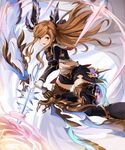  :d bangs black_legwear blush bow_(weapon) brown_eyes cape eruthika gloves granblue_fantasy head_wings highres holding holding_weapon long_hair long_sleeves looking_away looking_to_the_side magic open_mouth orange_hair shorts smile solo song_(granblue_fantasy) thighhighs weapon white_gloves 