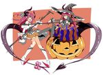  :d dual_persona elizabeth_bathory_(fate) elizabeth_bathory_(fate)_(all) elizabeth_bathory_(halloween)_(fate) fang fate/extra fate/extra_ccc fate/grand_order fate_(series) green_eyes hair_ribbon halloween halloween_costume hat highres horns microphone_stand mochichimochi multiple_girls open_mouth pink_hair pumpkin ribbon smile tail witch_hat 