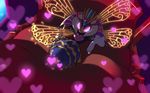  &lt;3 abdomen antennae arthropod bed bedroom bee censored clothing female gloves glowing glowing_eyes insect inside lying on_back on_bed pink_eyes queen_sectonia solo wings wkar 