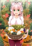  :d animal_ears autumn_leaves bangs basket blurry blush breasts carrot cat_ears cat_tail commentary_request cowboy_shot cup depth_of_field eggplant food ganari_ryuu garden green_eyes headphones headset highres holding jack-o'-lantern large_breasts long_hair looking_at_viewer mug open_mouth original outdoors pants pink_hair pink_pants plant plate pumpkin shirt short_sleeves smile solo super_tama_musume tail tamatoys vegetable white_shirt 