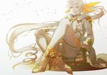  andref_kanzaki bodysuit edna_(tales) high_heels kamui_(tales_of_zestiria) long_hair male_focus sitting smile solo sorey_(tales) tales_of_(series) tales_of_zestiria very_long_hair white_hair yellow_eyes 