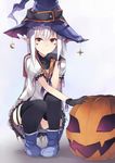  facial_mark gloves halloween hat highres jack-o'-lantern keid long_hair original pointy_ears red_eyes solo squatting thighhighs white_hair witch_hat 