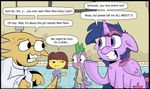  alphys anime brown_hair clothing crazy_face crossover cute cutie_mark dialogue dragon equine feral friendship_is_magic frisk frisk_(undertale) hair horn horse human jittery-the-dragon mammal multicolored_hair my_little_pony nerd pony spike_(mlp) twilight_sparkle_(mlp) two_tone_hair undertale video_games winged_unicorn wings 