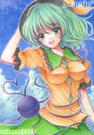  :d breasts colored_pencil_(medium) covered_nipples eyeball green_eyes green_hair green_skirt hand_on_headwear hat hat_ribbon heart heart_of_string highres komeiji_koishi large_breasts looking_at_viewer mii@chiffonx open_mouth ribbon sample short_hair skirt smile solo third_eye touhou traditional_media 