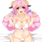  :d animal_ears bikini blue_eyes blush breasts double_v horns kneeling large_breasts long_hair looking_at_viewer moa_(show_by_rock!!) open_mouth pink_hair saezu_habaki sheep_ears sheep_horns show_by_rock!! sideboob smile solo star swimsuit twintails v white_bikini wide_hips 
