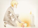 blonde_hair bouquet commentary earrings flower formal grave jewelry kneeling lune_(altoclarinet) male_focus pandora_hearts red_eyes smile solo spoilers suit vincent_nightray 