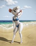  2015 anthro beach bikini breasts clothing cloud disney eyelashes female fur lipstick looking_at_viewer mammal miss_kitty_mouse miss_kitty_mouse_(artist) mouse navel rodent seaside smile solo swimsuit the_great_mouse_detective white_fur 