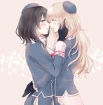  atago_(kantai_collection) beret black_gloves black_hair blonde_hair blush gloves hat imminent_kiss kantai_collection long_hair looking_at_another looking_away md5_mismatch multiple_girls short_hair simple_background sui_(camellia) takao_(kantai_collection) uniform yuri 