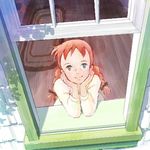  anne_of_green_gables anne_shirley braid carpet chin_rest freckles from_above from_outside looking_up lowres oekaki perspective red_hair sakai_yume solo twin_braids window world_masterpiece_theater 