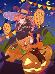  blue_eyes cat elizabeth_bathory_(fate) elizabeth_bathory_(fate)_(all) elizabeth_bathory_(halloween)_(fate) fate/extra fate/extra_ccc fate/grand_order fate_(series) halloween_costume hat horns kettle21 pink_hair pointy_ears pout pumpkin sitting solo tears thighhighs translated wings witch_hat zettai_ryouiki 