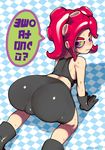  2015 all_fours ass bent_over bike_shorts breasts cameltoe censored eyeliner from_above from_behind gloves green_sclera highres looking_at_viewer looking_back makeup medium_breasts no_mask octarian octoling on_floor purple_eyes red_hair signature solo splatoon_(series) splatoon_1 sweat taikodon takozonesu tank_top tentacle_hair 