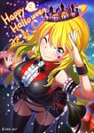  ahoge armlet armpits bare_shoulders black_legwear black_skirt blonde_hair crown demon_tail from_above garter_belt gem ghost halloween halloween_costume hand_on_forehead happy_halloween heart highres hkn_(ringya) hoshii_miki idolmaster idolmaster_(classic) jewelry long_hair looking_up navel outstretched_arm petals pumpkin purple_eyes salute shirt skirt sleeveless sleeveless_shirt smile solo sparkle spider_web_print star tail thighhighs wrist_cuffs 