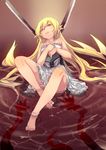  bakemonogatari blonde_hair brown_hair dress fu-ta goggles goggles_on_headwear headwear_removed helmet helmet_removed katana long_hair long_legs looking_at_viewer monogatari_(series) oshino_shinobu partially_submerged pointy_ears shadow solo sundress sword weapon white_dress 