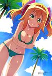  absurdres bikini blonde_hair breasts brown_hair cleavage cloud day green_eyes hacka_doll hacka_doll_1 hariba_yuko highres leaning_forward medium_breasts megami non-web_source official_art palm_tree sky smile solo swimsuit tree twintails 
