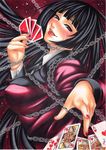  ace_of_hearts arched_back bad_id bad_pixiv_id bangs black_hair black_ribbon blunt_bangs blush card chain colored_pencil_(medium) commentary eyelashes fingernails formal from_side hime_cut holding holding_card inuono_mama jabami_yumeko jewelry kakegurui lips long_hair looking_at_viewer nail_polish open_collar open_mouth playing_card red_background red_eyes red_nails red_suit restraints ribbon ring royal_flush shibari signature solo suit sweat thumb_ring traditional_media very_long_hair 
