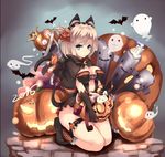  2015 :d :t animal_ears bangs bat black_gloves blue_eyes blush breasts bunny candle candy capelet cat_ears crown dated food full_body ghost gloves hairband halloween hat holding jack-o'-lantern leg_garter light_particles lolita_hairband medium_breasts mini_hat mini_top_hat open_mouth original red_eyes ribbon short_hair smile solo squatting swept_bangs tail tail_ribbon top_hat v-shaped_eyebrows x2 