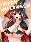  alternate_costume anchor blue_eyes blush breasts brown_hair cleavage cloak double_bun fang halloween halloween_costume hat jack-o'-lantern jewelry kantai_collection kongou_(kantai_collection) large_breasts long_hair looking_at_viewer necklace open_mouth smile solo upper_body witch_hat yuuki_hb 