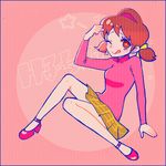  ;q arm_support blue_border border brown_eyes brown_hair character_name dojikko_pose one_eye_closed osomatsu-kun osomatsu-san pink_background simple_background sitting skirt solo tongue tongue_out turtleneck yorunokonbini yowai_totoko 