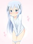  blue_hair blush eyes gochuumon_wa_usagi_desu_ka? hair_ornament highres kafuu_chino long_hair looking_at_viewer nedia_(nedia_region) panties panty_pull solo tears underwear white_panties x_hair_ornament 