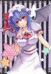  bat_wings blue_hair breasts colored_pencil_(medium) frilled_shirt frilled_shirt_collar frilled_sleeves frills hat hat_ribbon head_tilt highres large_breasts long_skirt mii@chiffonx older puffy_short_sleeves puffy_sleeves red_eyes remilia_scarlet ribbon sample shirt short_hair short_sleeves skirt solo star touhou traditional_media wings 