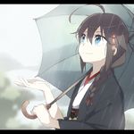 ahoge alternate_costume black_hair blue_eyes braid hair_flaps hair_ornament hair_over_shoulder holding holding_umbrella japanese_clothes kantai_collection letterboxed long_hair long_sleeves looking_up rain remodel_(kantai_collection) revision shigure_(kantai_collection) single_braid smile solo souji umbrella upper_body wide_sleeves 