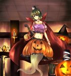  ai_ai_gasa basket black_gloves book bookshelf bracelet breasts candle cape ceiling collarbone commentary_request crop_top detached_collar elbow_gloves english fire flame floating food fruit ghost_tail gloves green_eyes green_hair hair_ornament hairclip halloween happy_halloween hat indoors jack-o'-lantern jewelry kakuteru_sudachi looking_down medium_breasts midriff navel pumpkin_skirt room shirt short_hair single_elbow_glove soga_no_tojiko solo table teapot tile_ceiling tiles touhou white_shirt witch_hat wrist_cuffs 
