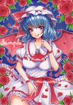  bat_wings blue_hair breasts colored_pencil_(medium) flower frilled_shirt frilled_shirt_collar frilled_skirt frilled_sleeves frills hat hat_ribbon highres large_breasts licking_lips looking_at_viewer mii@chiffonx older petals puffy_short_sleeves puffy_sleeves red_eyes remilia_scarlet ribbon rose rose_petals sample shirt short_hair short_sleeves skirt smile solo tongue tongue_out touhou traditional_media wings wrist_ribbon 