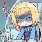  blonde_hair blush chibi hairband heavy_object milinda_brantini minagi_(gogogo) sitting smile solo translated visor 