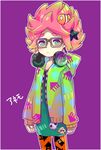  anemo_(splatoon) animal_print black-framed_eyewear character_name clownfish commentary cowboy_shot dress eyeshadow fish glasses green_eyes hair_ornament headphones headphones_around_neck highres hood hoodie kumano_(splatoon) looking_at_viewer makeup orange_legwear pantyhose pink_hair purple_background seritarou short_hair solo splatoon_(series) splatoon_1 standing star star_hair_ornament tentacle_hair 