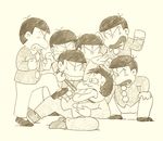  asphyxiation bow bowtie brothers buck_teeth child heart heart_in_mouth henocchi incoming_punch iyami lowres male_focus matching_outfit matsuno_choromatsu matsuno_ichimatsu matsuno_juushimatsu matsuno_karamatsu matsuno_osomatsu matsuno_todomatsu monochrome multiple_boys oldschool osomatsu-kun restrained sextuplet_(osomatsu-kun) sextuplets sheeeh! siblings strangling tongue tongue_out wing_collar 