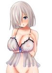  bare_shoulders blue_eyes breasts cleavage covered_nipples groin hair_over_one_eye hamakaze_(kantai_collection) hifumi_kei highres hips kantai_collection large_breasts navel short_hair simple_background solo white_background 