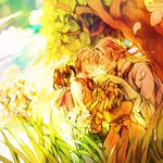  3boys ada_vessalius blonde_hair bow bowtie child closed_eyes dress flower gilbert_nightray glasses hair_ribbon kugifumi_rinne multiple_boys oscar_vessalius oz_vessalius pandora_hearts petting ponytail ribbon short_hair smile tree uncle_and_nephew uncle_and_niece vest younger 