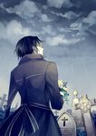  amputee black_hair bouquet cross flower formal gilbert_nightray grave graveyard male_focus pandora_hearts rain solo spoilers trench_coat winniconan yellow_eyes 