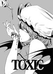  alcohol alternate_costume bat_wings black_dress bottle cover cover_page dress ears english greyscale hand_up hat licking looking_at_viewer looking_to_the_side miya9 mob_cap monochrome pointy_nose pouring profile remilia_scarlet shiny shiny_hair short_hair sideways_glance solo spilling strap_slip touhou wings 