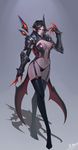  armor bikini_armor black_footwear black_hair black_legwear boots breasts cleavage corset detached_sleeves drawcrowd_sample elbow_gloves elf garter_straps gauntlets gloves high_heel_boots high_heels highres huge_breasts image_sample navel pointy_ears shadow smjim1986 solo thigh_boots thighhighs 