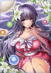  bare_shoulders bow breasts cleavage colored_pencil_(medium) flower frilled_sleeves frills hair_flower hair_ornament highres houraisan_kaguya large_breasts lily_(flower) long_hair mii@chiffonx moon naughty_face night night_sky off_shoulder open_mouth outline purple_eyes purple_hair sample sky smile solo star_(sky) starry_sky touhou traditional_media very_long_hair 