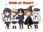  :d ^_^ akatsuki_(kantai_collection) animal_ears badge black_legwear black_skirt brown_hair closed_eyes closed_mouth commentary_request demon_horns demon_tail fang female_admiral_(kantai_collection) flat_cap folded_ponytail halloween halloween_costume hat hibiki_(kantai_collection) horns ikazuchi_(kantai_collection) inazuma_(kantai_collection) kantai_collection kneehighs little_girl_admiral_(kantai_collection) long_hair migu_(migmig) multiple_girls one_eye_closed open_mouth pantyhose pleated_skirt ponytail purple_hair school_uniform serafuku short_hair silver_hair skirt smile tail thighhighs trick_or_treat twitter_username witch_hat 