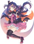  aqua_eyes black_gloves black_legwear breasts cape card cleavage dancing_stars_on_me! dress elbow_gloves floating_hair full_body gloves grin hair_ribbon halloween hat high_heels highres holding knees_together_feet_apart long_hair looking_at_viewer love_live! love_live!_school_idol_project low_twintails makita_(twosidegekilove) medium_breasts mini_hat mini_witch_hat moon purple_dress purple_hair ribbon sash sleeveless smile solo star star_print thighhighs thighs toujou_nozomi twintails very_long_hair wind wind_lift witch_hat zettai_ryouiki 