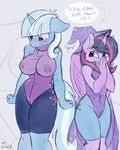  2015 anthro anthrofied blush breasts cape clothing costume cutie_mark dialogue english_text equine female friendship_is_magic hat horn mammal my_little_pony nipple_bulge skoon text trixie_(mlp) twilight_sparkle_(mlp) unicorn wizard_hat 