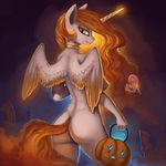  2015 anthro anthrofied equine female friendship_is_magic hair halloween holding holidays horn long_hair looking_at_viewer mammal my_little_pony pumpkin rain-gear solo winged_unicorn wings 