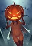  bat breasts brown_hair cape elbow_gloves gloves halloween highres jack-o'-lantern long_hair navel night night_sky nipples nude original pussy sky small_breasts solo star star_print thighhighs torn_clothes vycma 