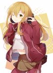  ;) blonde_hair brown_skirt hair_between_eyes hair_ornament hairclip headphones headset hiiragi_souren jacket long_hair looking_at_viewer md5_mismatch navel one_eye_closed open_clothes open_jacket original pants pants_under_skirt red_jacket school_uniform shirt skirt smile solo track_jacket track_suit white_shirt yellow_eyes 